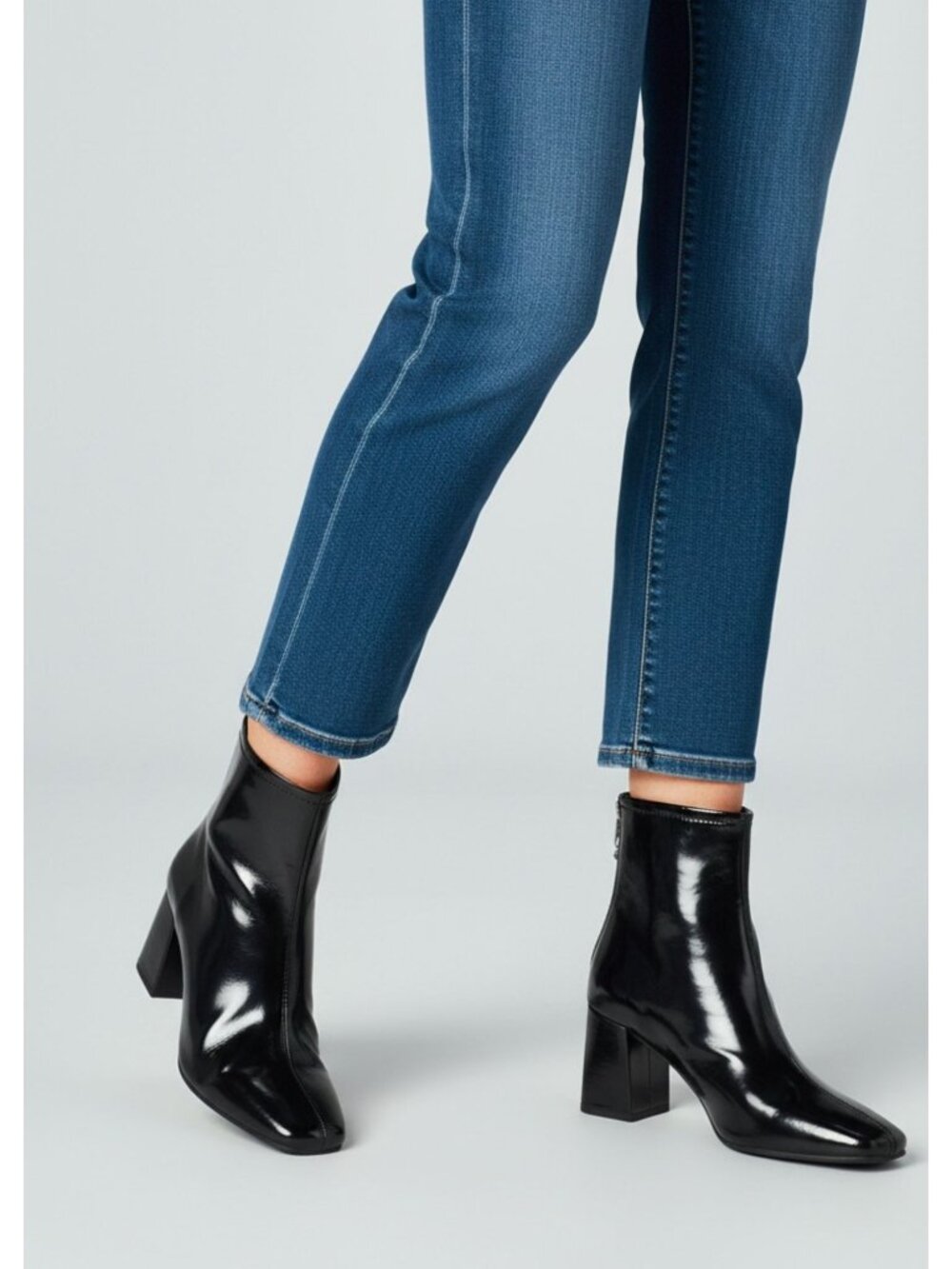 Black Patent Leather Ankle Boots With Square Toe & Block Heel For Women Side Zip